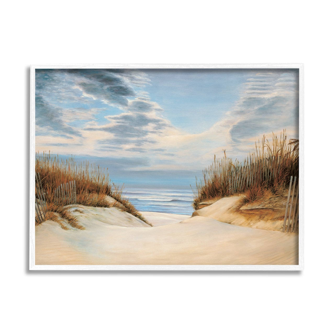 Stupell Industries Alluring Cloudy Beach Path Wooden Fence Tall Grass in White Frame Wall Art